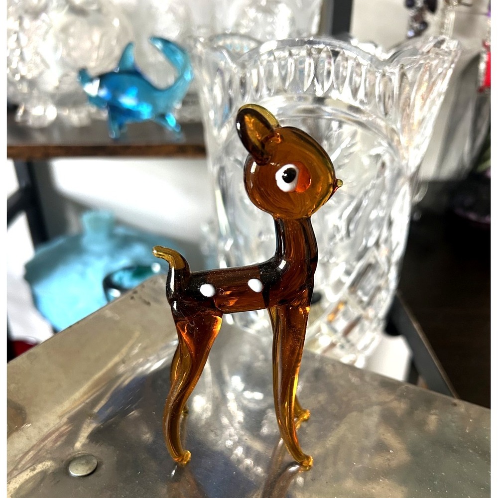 Murano Style Amber Art Glass Fawn Deer Figurine Hand Blown 4.5" Vintage - Picture 2 of 4